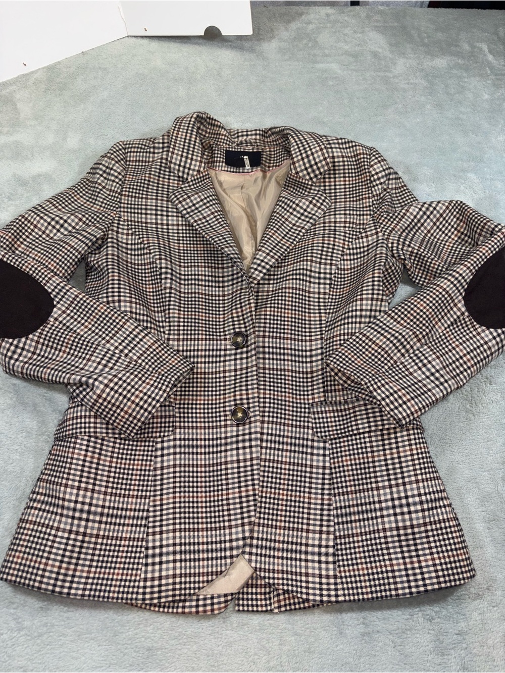 H&M Brown Plaid Blazer with Dark Brown Elbow Patches - Size 10